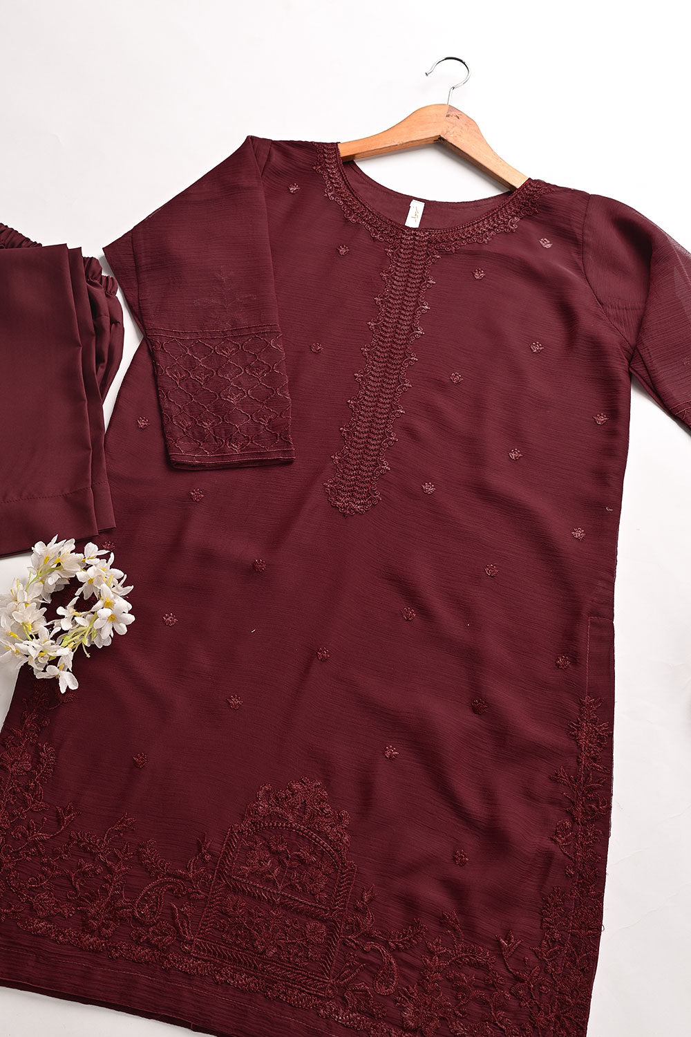 RTW-196-Maroon -  3Pc Ready to Wear Embroidered Chiffon Dress