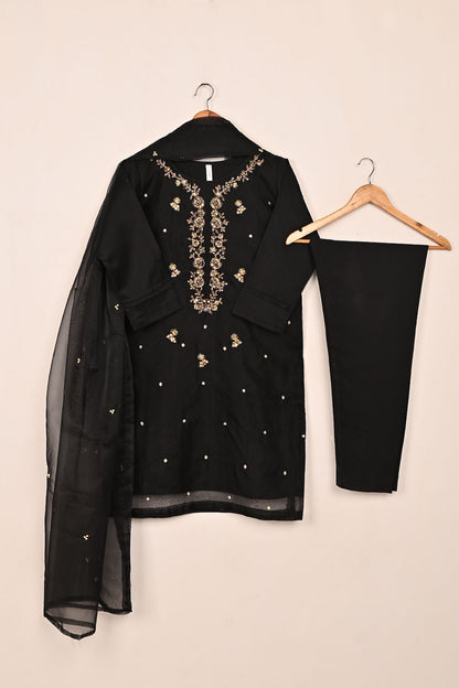 RTW-235-Black - 3Pc Ready to Wear Embroidered Premium Adda Work Organza Dress