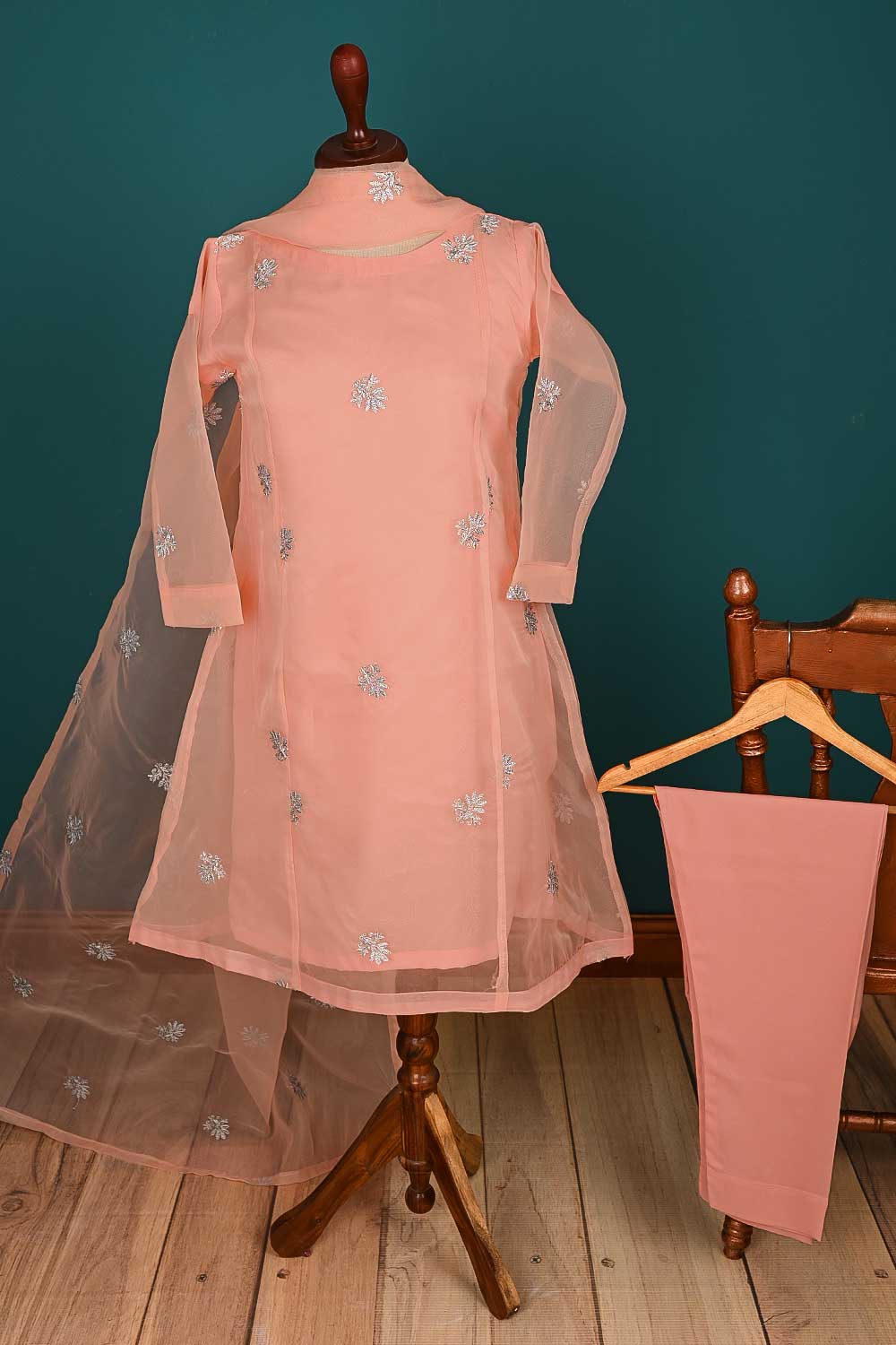 RTW-146-Peach - 3Pc Stitched Organza Dress