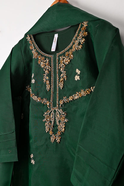 RTW-260-Bottle Green - 3Pc Ready to Wear Embroidered Premium Adda Work Organza Dress