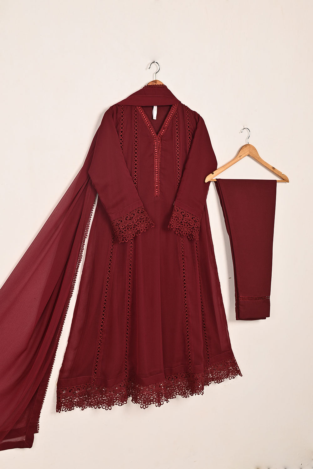 RTW-195-Maroon -  3Pc Ready To Wear Chiffon Frock