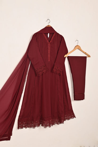 RTW-195-Maroon -  3Pc Ready To Wear Chiffon Frock