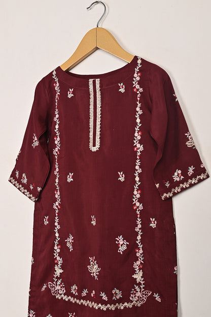 TKF-264-Maroon - Kids 3Pc Ready to Wear Raw Silk Embroidered Dress