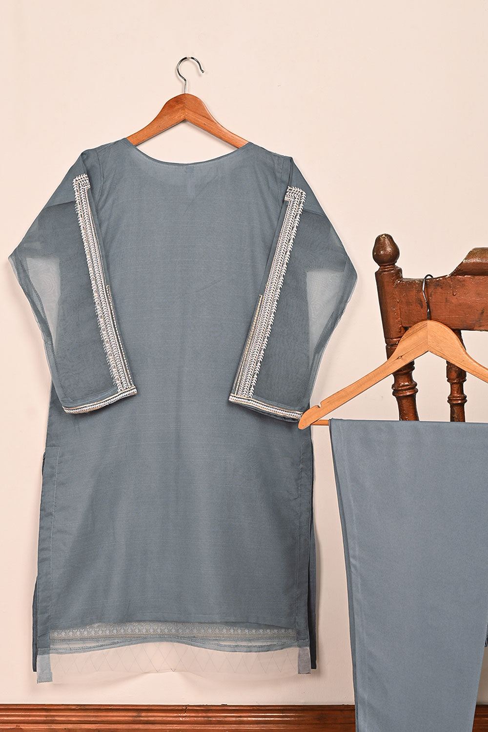 STP-186A-Grey - 2Pc Organza Embroidered Dress
