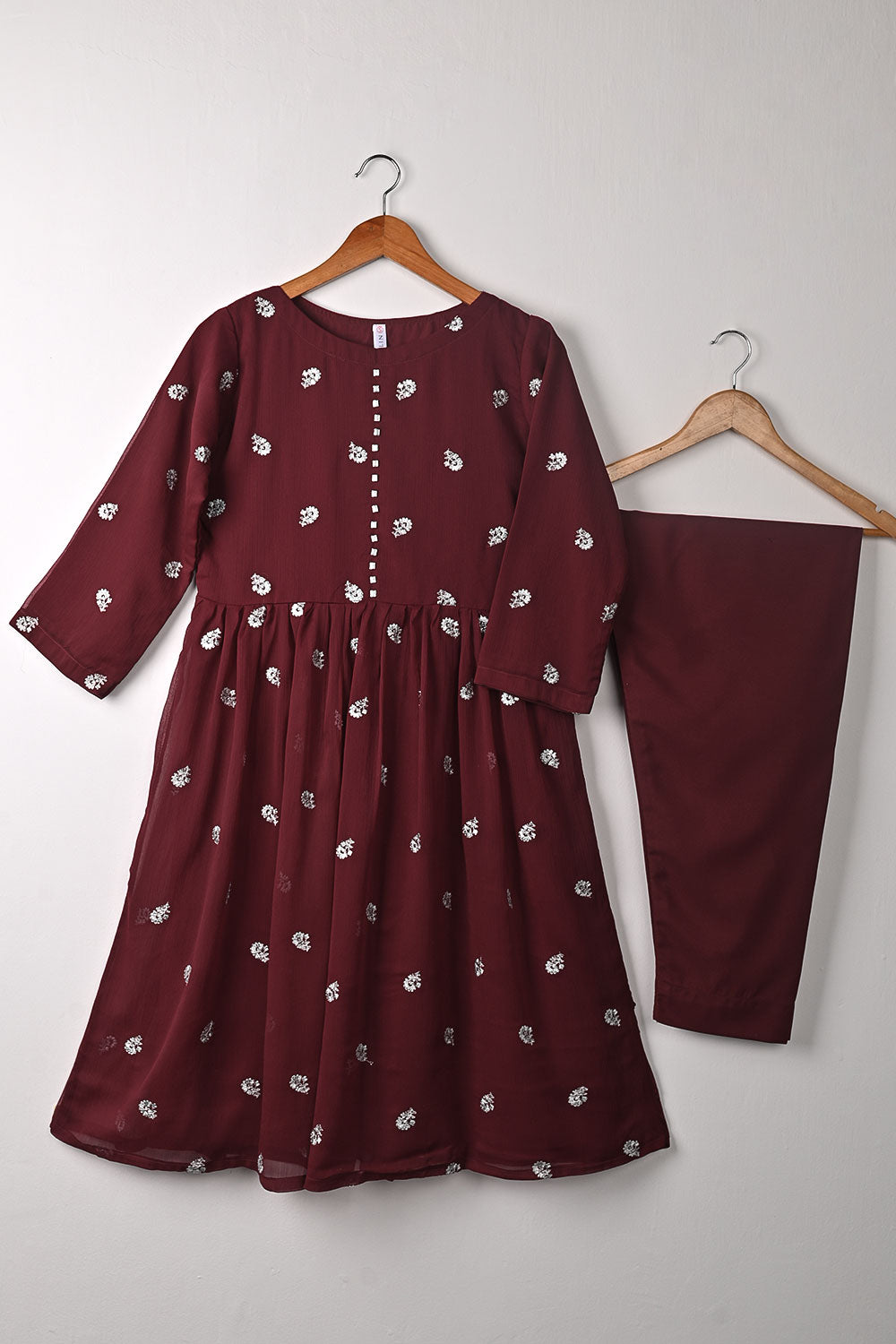 RTW-346-Maroon - 3Pc Ready to Wear Embroidered Chiffon Frock