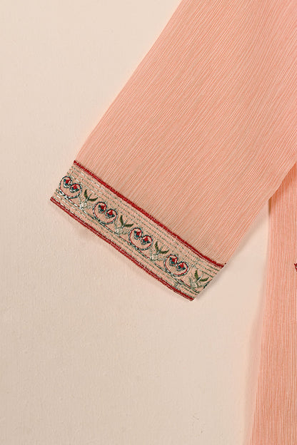 TKF-133-Peach - Kids 3Pc Ready to Wear Embroidered Slub Cotton Dress
