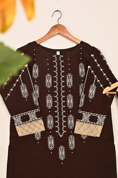 STP-195A-Brown  - 2PC READY TO WEAR EMBROIDERED CAMBRIC DRESS