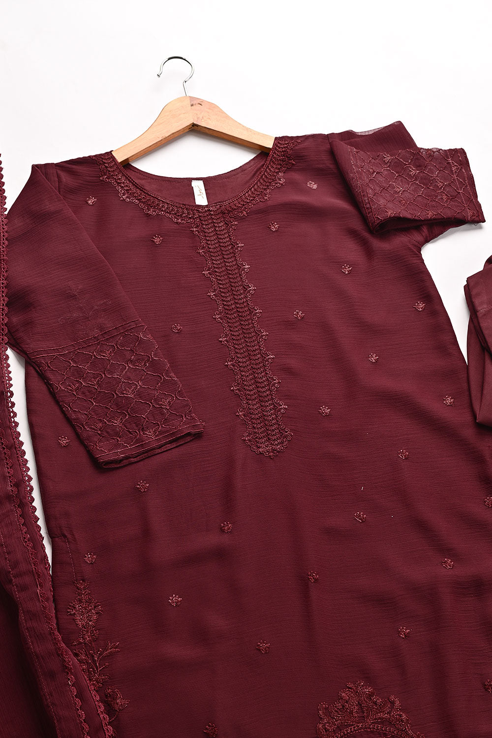 RTW-196-Maroon -  3Pc Ready to Wear Embroidered Chiffon Dress