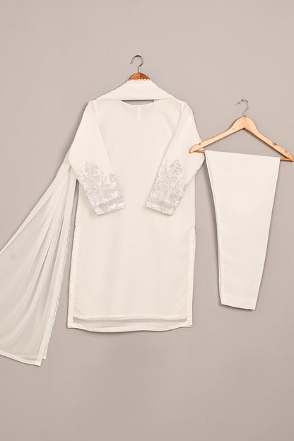 RTW-245-Off White -  3Pc Ready to Wear Embroidered Chiffon Dress