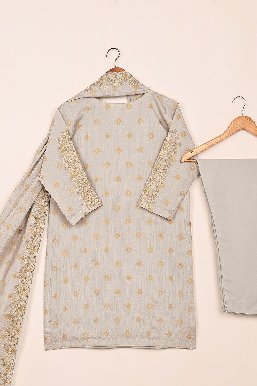RTW-214-Grey - 3Pc Stitched Jacquard Paper Cotton Embroidered Dress