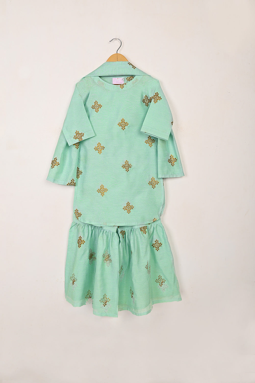 TKF-266-Aqua - Kids 3Pc Paper Cotton Embroidered Dress