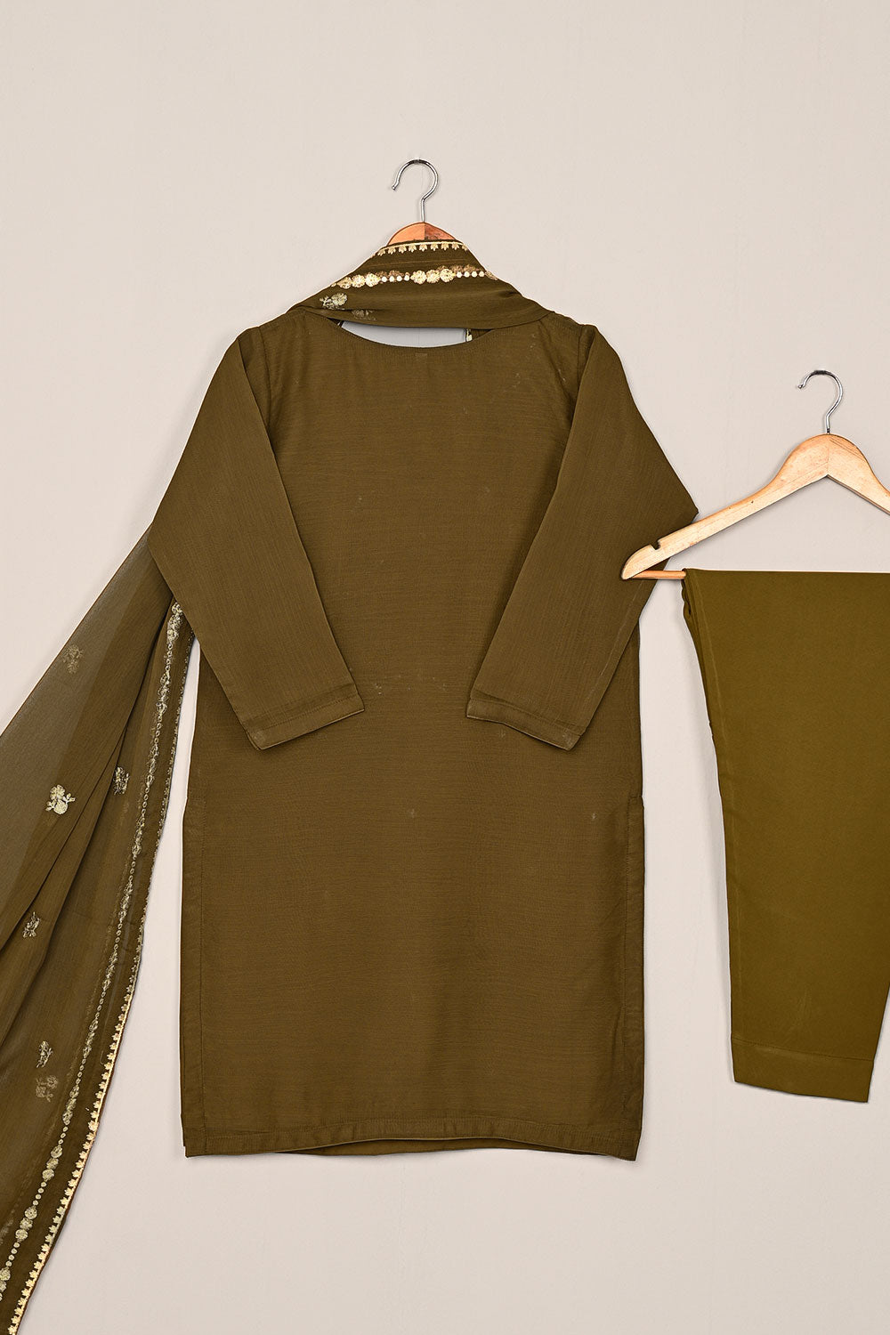 RTW-198-Brown - 3Pc Ready to Wear Embroidered Adda Work Chiffon Dress
