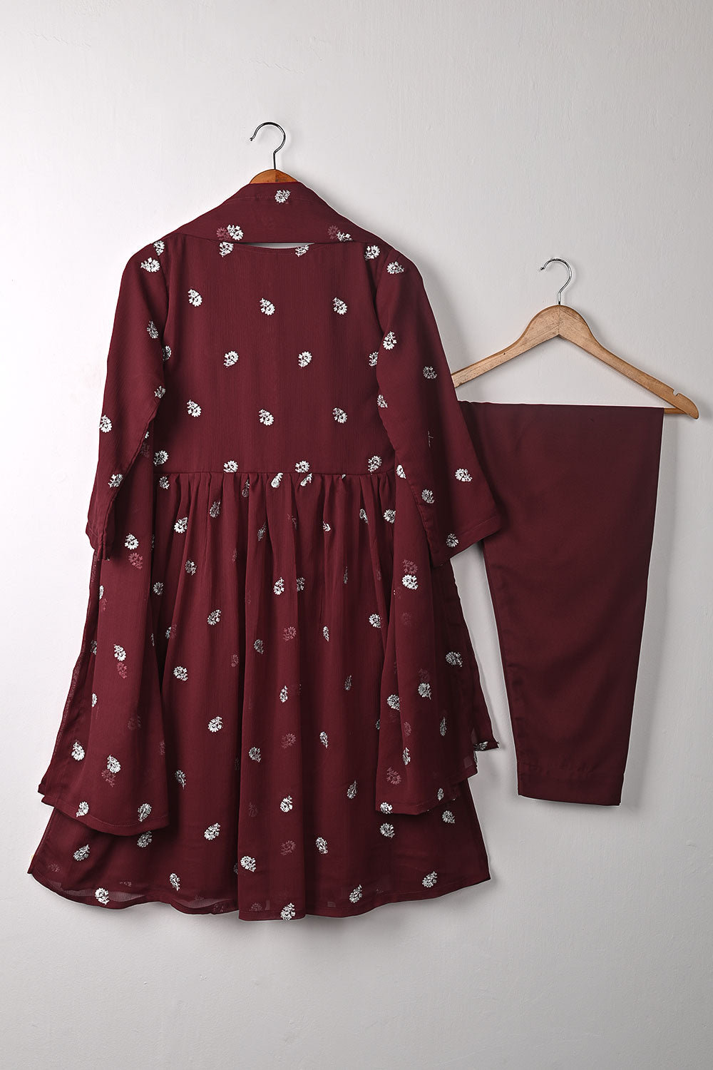 RTW-346-Maroon - 3Pc Ready to Wear Embroidered Chiffon Frock