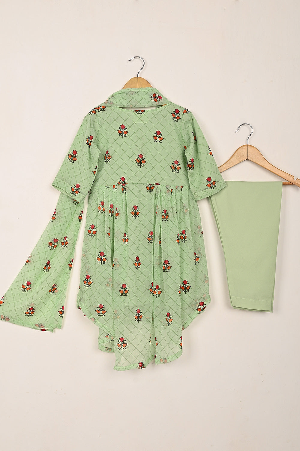 TKF-254-Pista - Kids 3Pc Chiffon Printed Frock