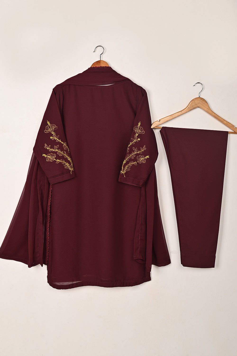 RTW-287-Maroon -  3Pc Ready to Wear Embroidered Chiffon Dress