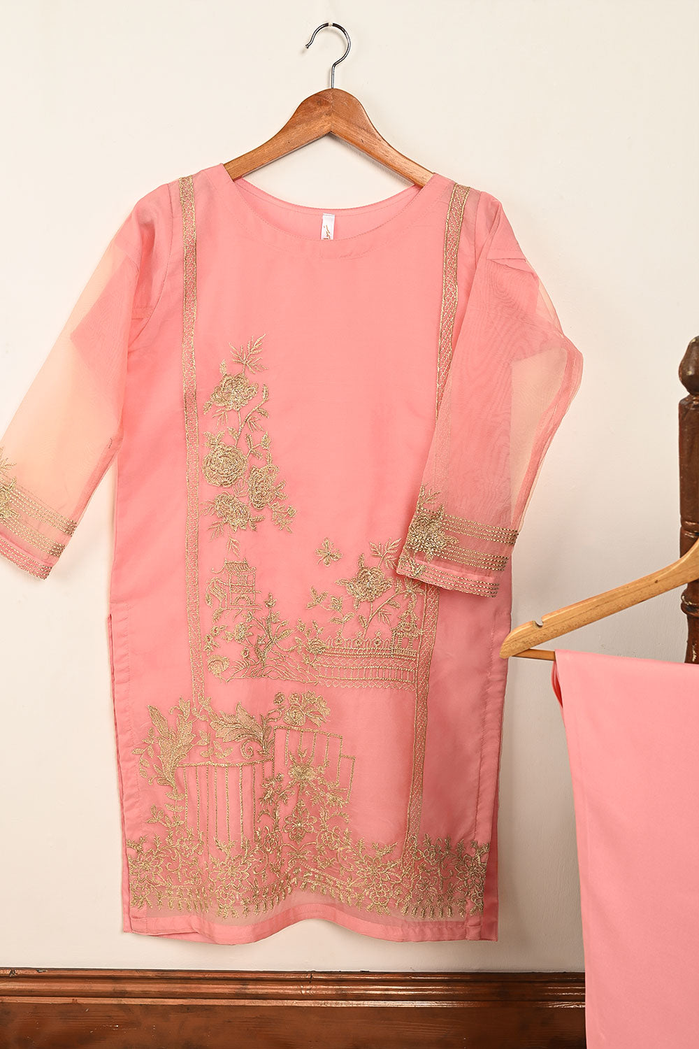 STP-071E-Peachy Pink- 2PC PREMIUM EMBROIDERED ORGANZA STITCHED