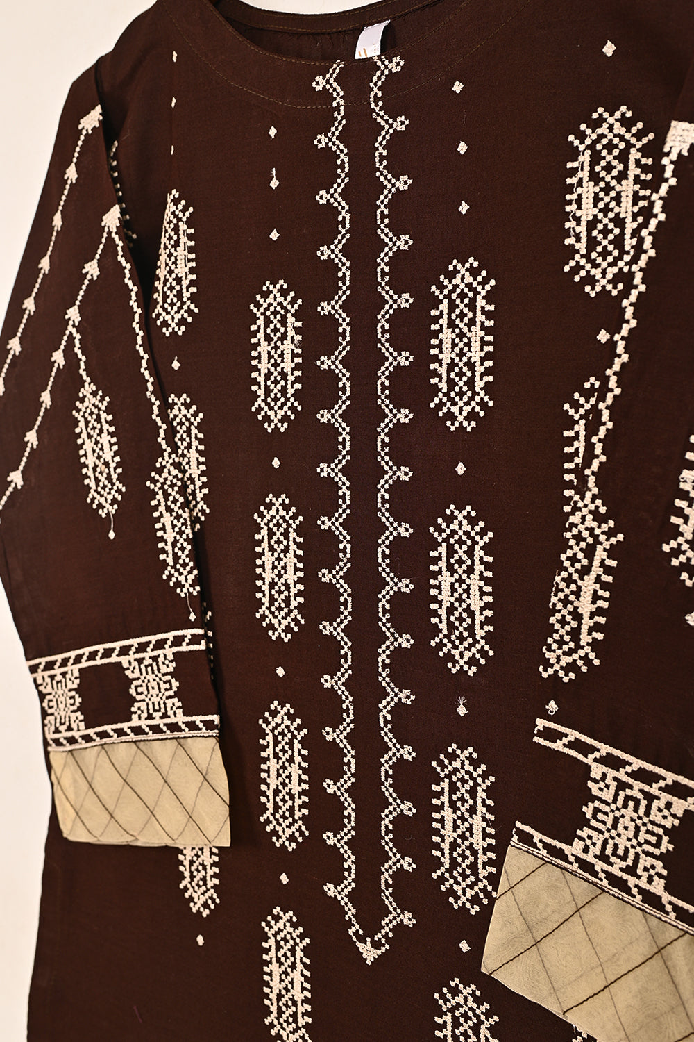 STP-195A-Brown  - 2PC READY TO WEAR EMBROIDERED CAMBRIC DRESS