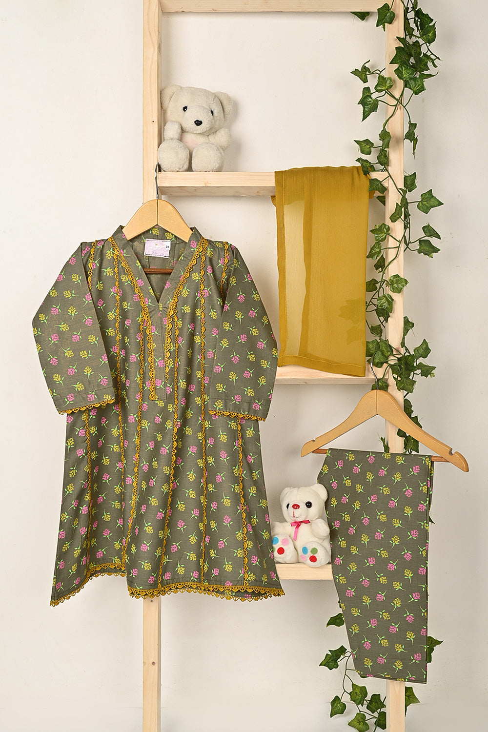 TKF-310-Olive - Kids 3Pc Formal Frock