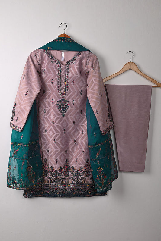 RTW-345-Tea Pink -  3Pc Ready to Wear Jacquard Mysoori Embroidered Dress