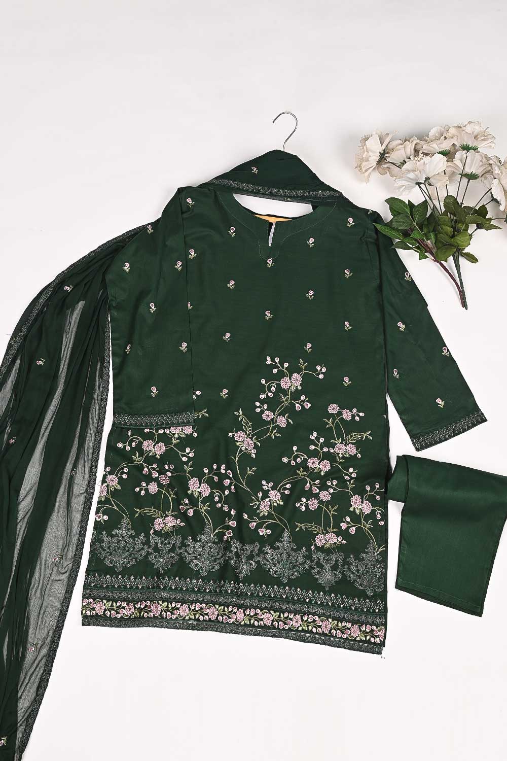 3SP-18A-Green - 3PC COTTON EMBROIDERED Dress With Chiffon Embroidered Dupatta