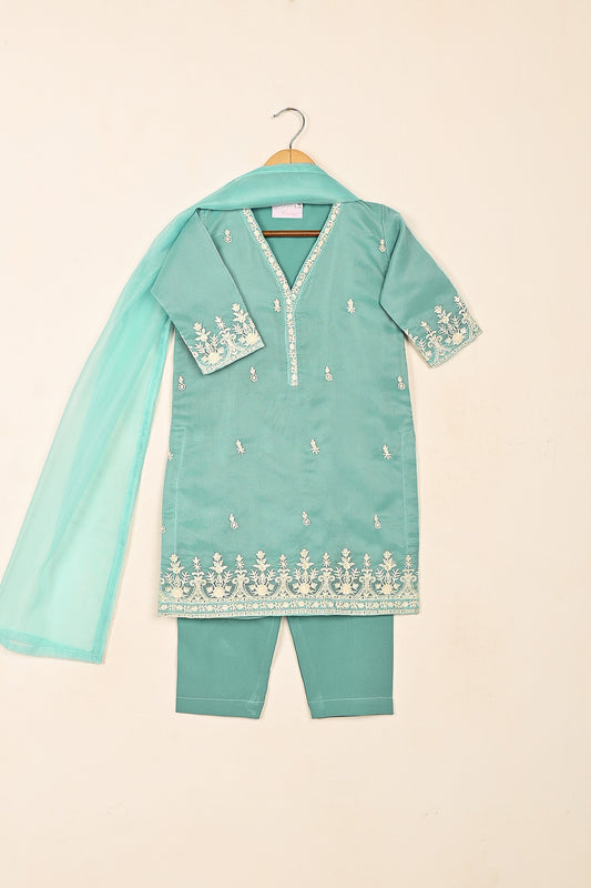 TKF-127-Aqua - Kids 3Pc Javeria Net Embroidered Formal Dress