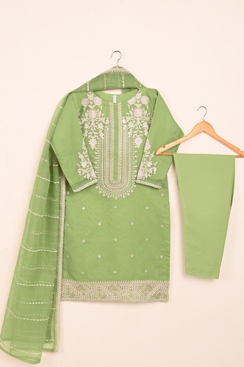 RTW-205-Green - 3Pc Ready to Wear 3Pc Javeria Net Embroidered  Dress