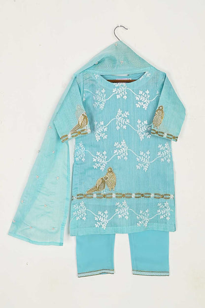 TKF-36-SkyBlue - Kids 3Pc Paper Cotton Dress With Malai Trouser