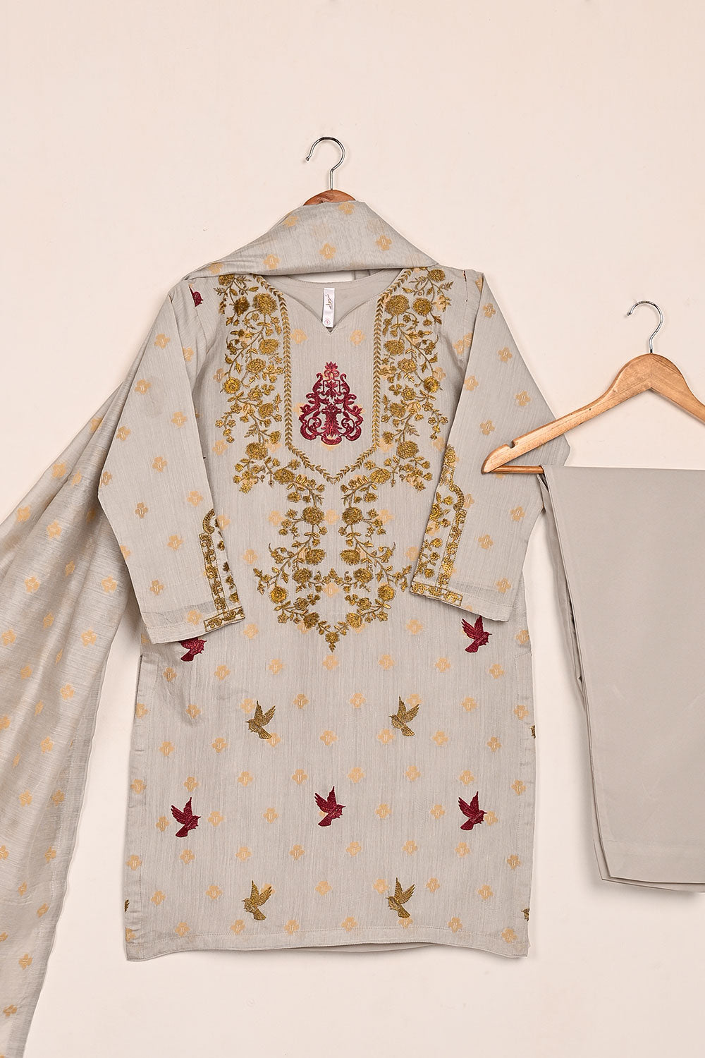 RTW-209-Grey - 3Pc Stitched Jacquard Paper Cotton Embroidered Dress