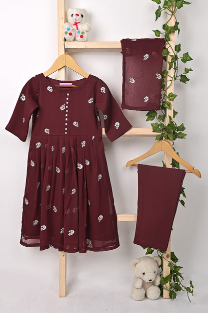 TKF-321-Maroon - Kids 3Pc Ready to Wear Chiffon Embroidered Frock