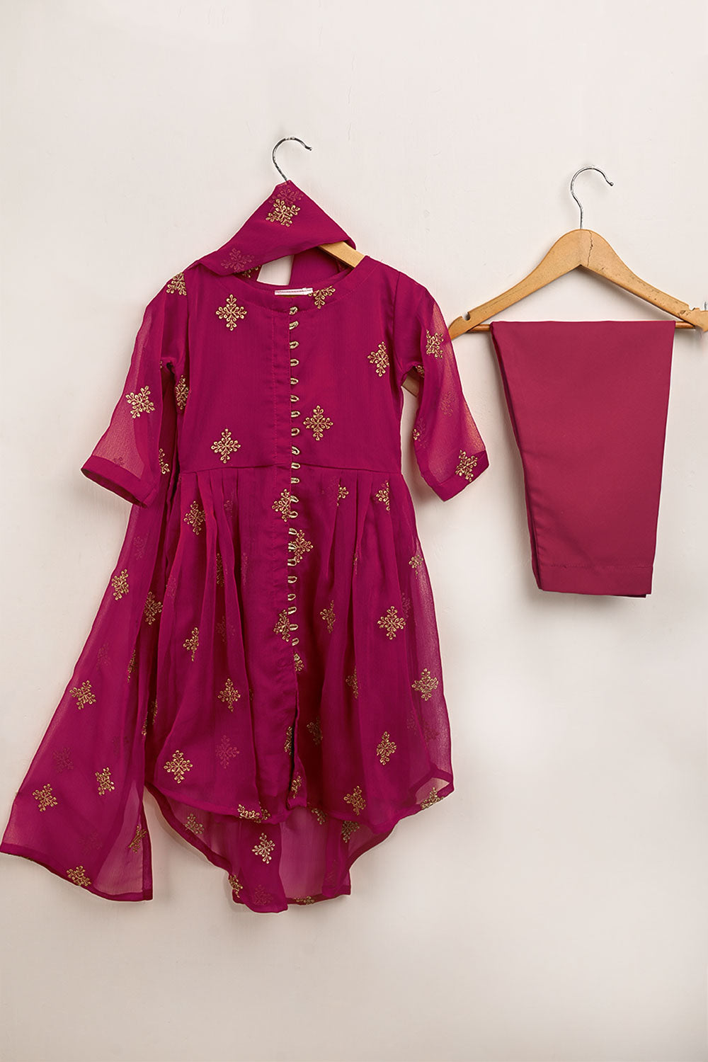 TKF-119-Fushcia - Kids 3Pc Chiffon Embroidered Frock