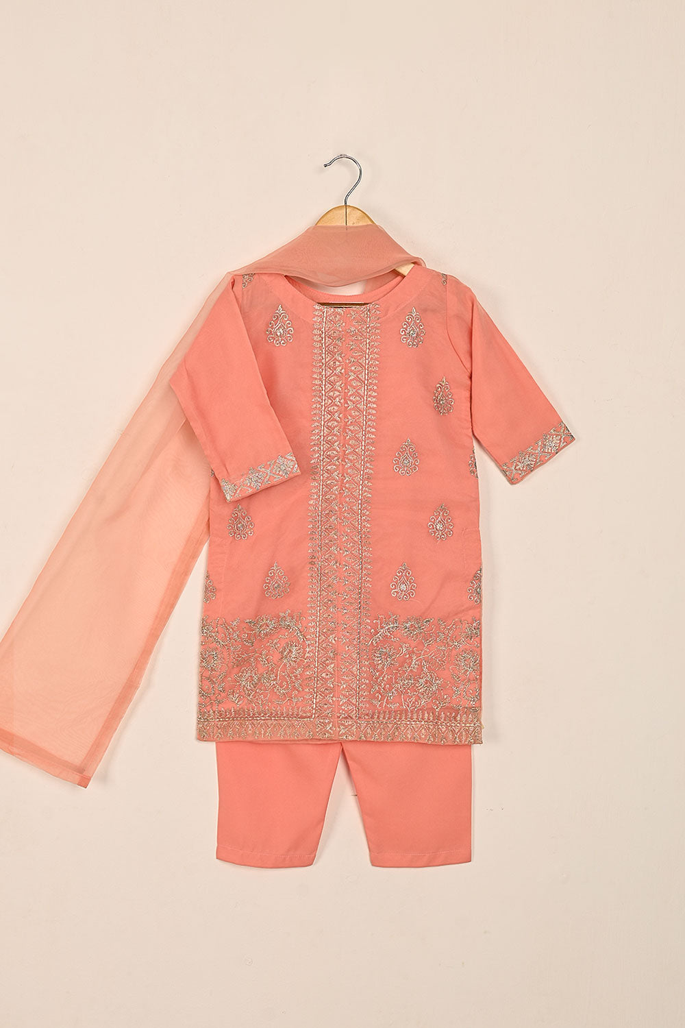 TKF-135-Peach - Kids 3Pc Ready to Wear Organza Formal Embroidered Dress