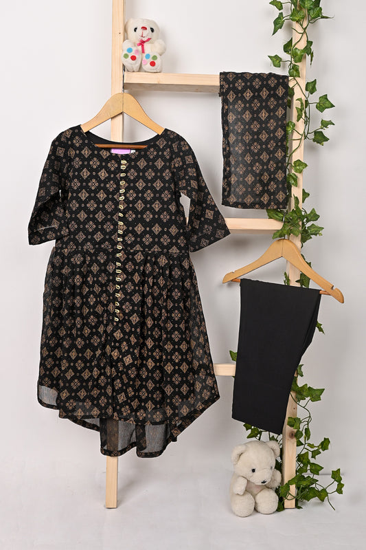 TKF-319-Black - Kids 3Pc Chiffon Printed Frock