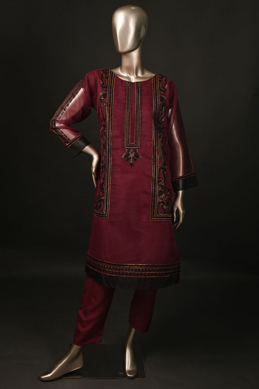 STP-180-Maroon - 2Pc Organza Embroidered Dress