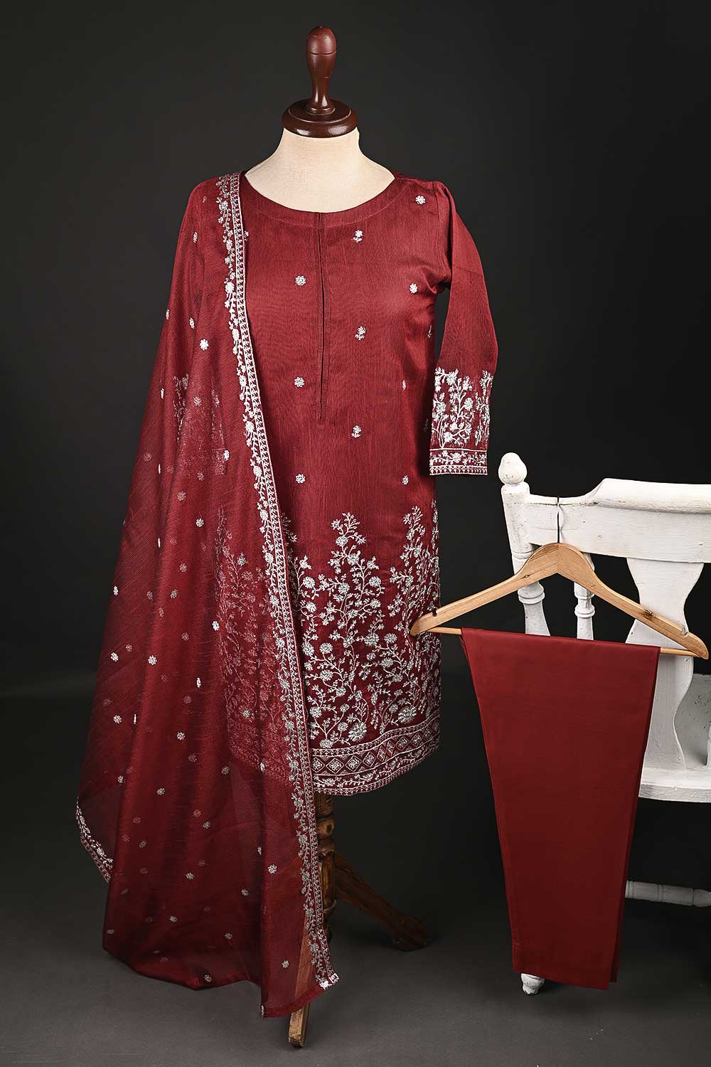 RTW-134-Red - 3Pc Stitched Khaadi Net Dress