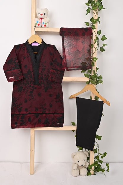 TKF-320-Maroon - Kids 3Pc Ready to Wear Organza Printed Dress