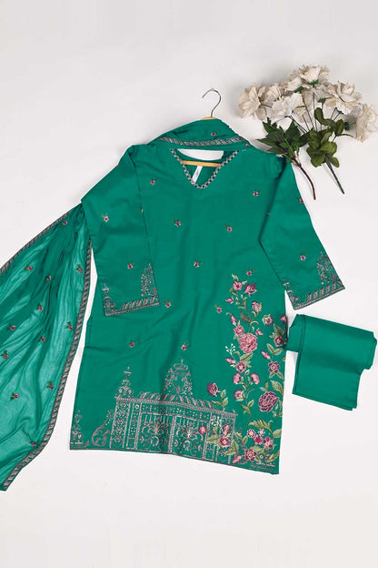 3SP-17A-Green - 3PC COTTON EMBROIDERED Dress With Chiffon Embroidered Dupatta