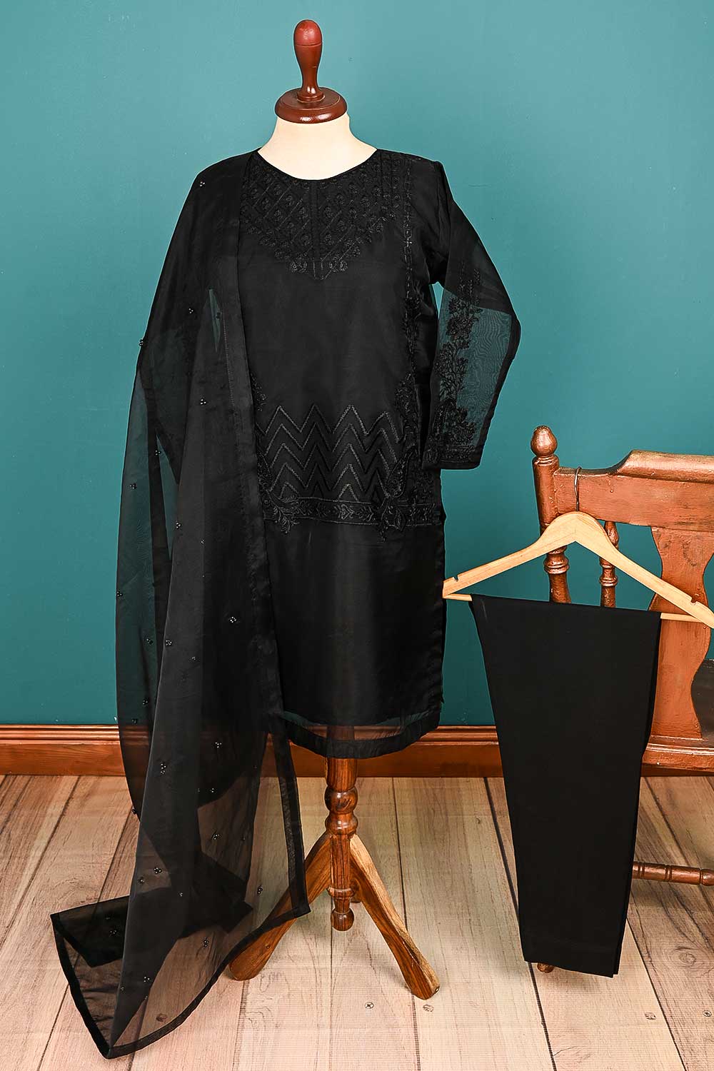 RTW-61-Black -  3Pc Stitched Embroidered Organza Dress