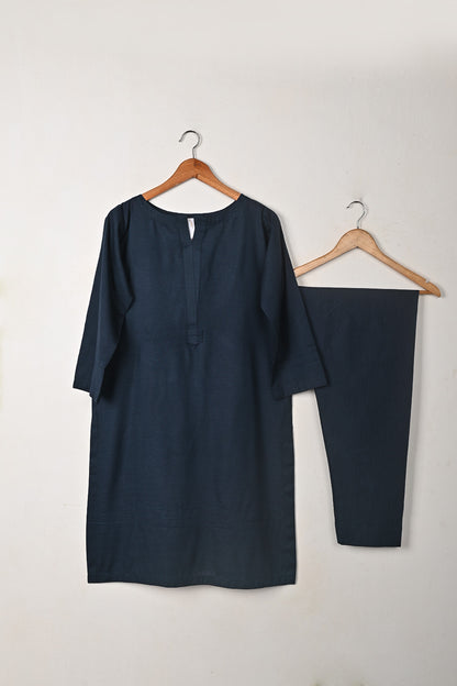 STP-272A- Navy Blue - 2Pc Ready to Wear Cotton Slub Solid Dress