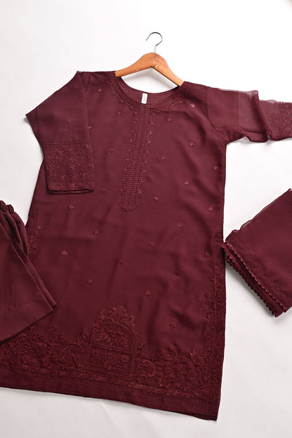 RTW-196-Maroon -  3Pc Ready to Wear Embroidered Chiffon Dress