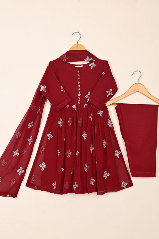 TKF-248-Red - Kids 3Pc Chiffon Embroidered Frock