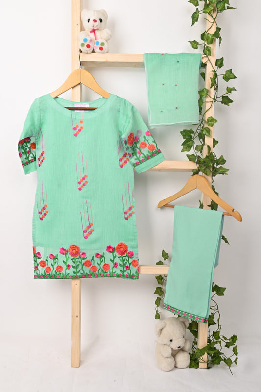 TKF-19-SeaGreen - Kids 3Pc Paper Cotton Dress With Malai Trouser