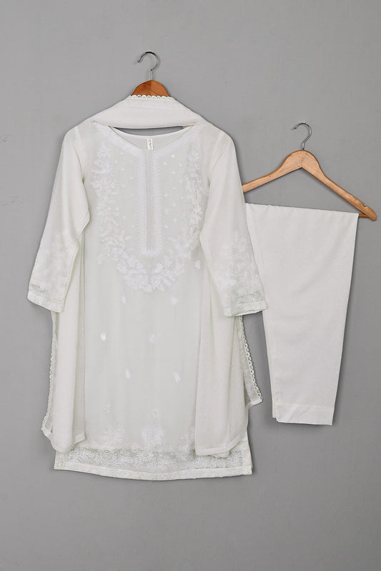 RTW-264-Off White - 3Pc Ready to Wear Embroidered Chiffon Dress