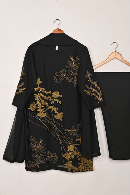 RTW-279-Black -  3Pc Ready to Wear Embroidered Chiffon Dress