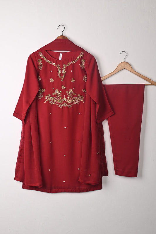 RTW-259-Red - 3Pc Ready to Wear Embroidered Adda Work Chiffon Dress