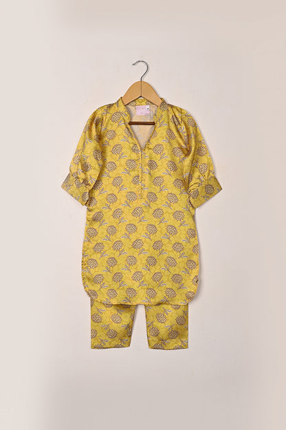 TKF-298-Yellow - Kids 2Pc Digital Silk Co-Ord Set