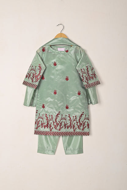 TKF-271-Sea Green - Kids 3Pc Ready to Wear Silk Embroidered Dress