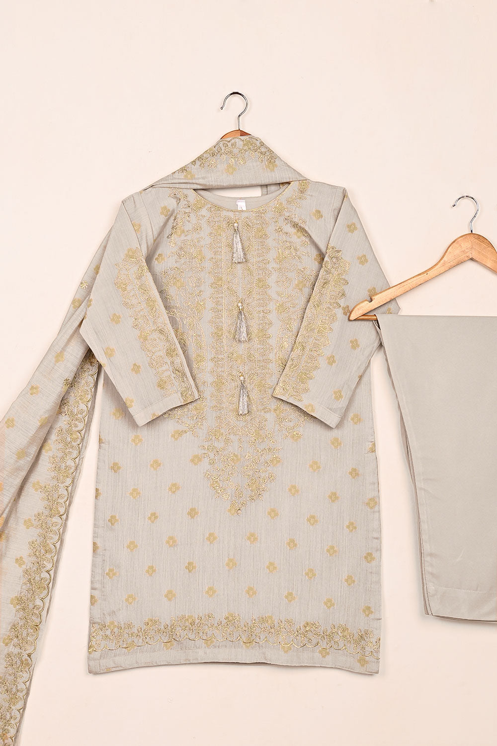 RTW-214-Grey - 3Pc Stitched Jacquard Paper Cotton Embroidered Dress