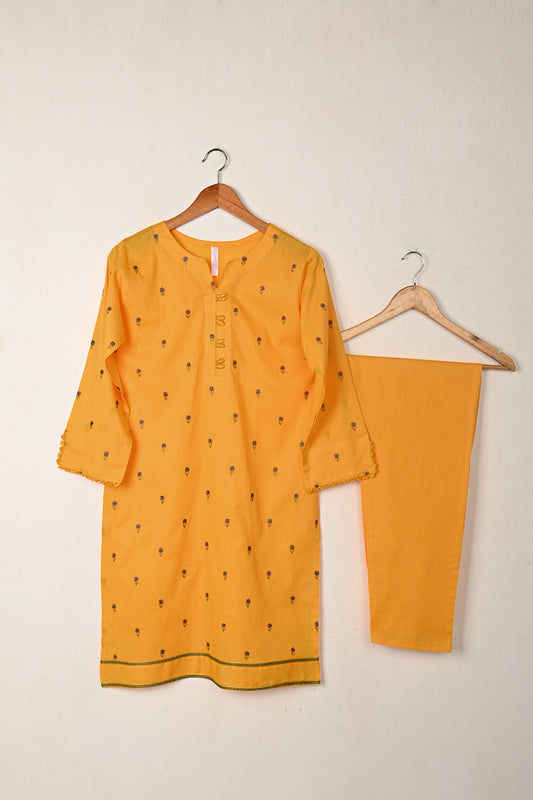 STP-263A-Yellow  - 2Pc Ready to Wear Embroidered Cambric Dress