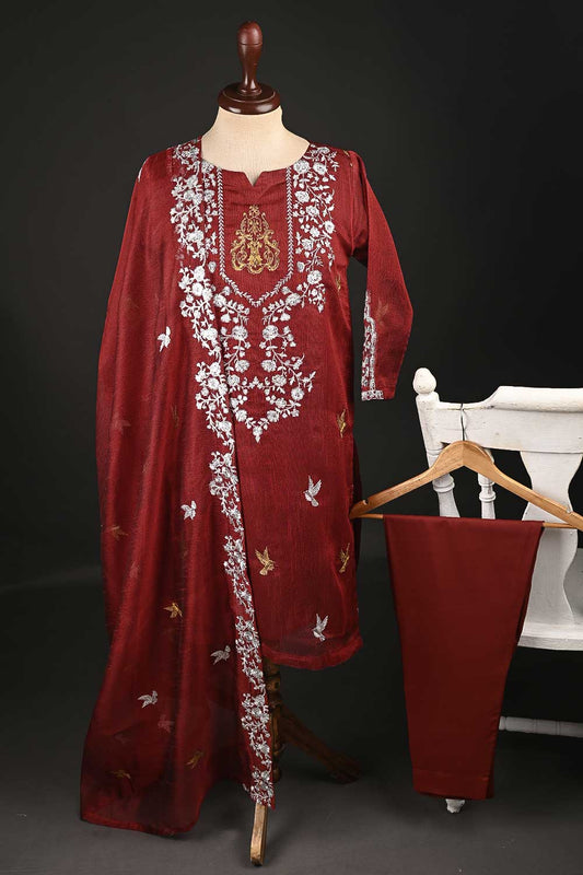 RTW-136-Red - 3Pc Stitched Khaadi Net Dress