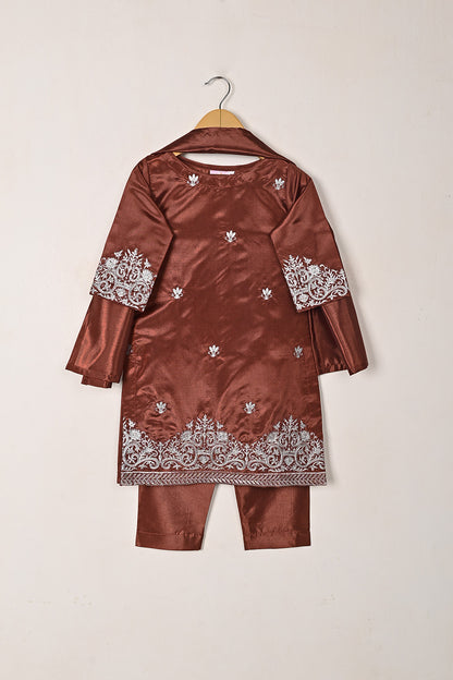 TKF-274-Rust - Kids 3Pc Ready to Wear Silk Embroidered Dress